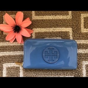 Tory Burch Blue Patent Continental ZIP Wallet